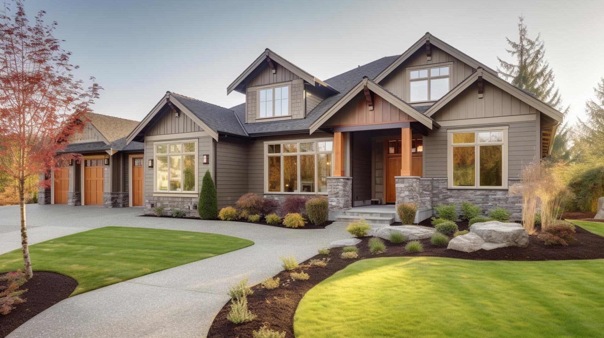 Modern suburban house with gray siding, large windows, and a wooden front door. Well-maintained lawn, pathway, and landscaped garden in the foreground. Overcast sky in the background.
